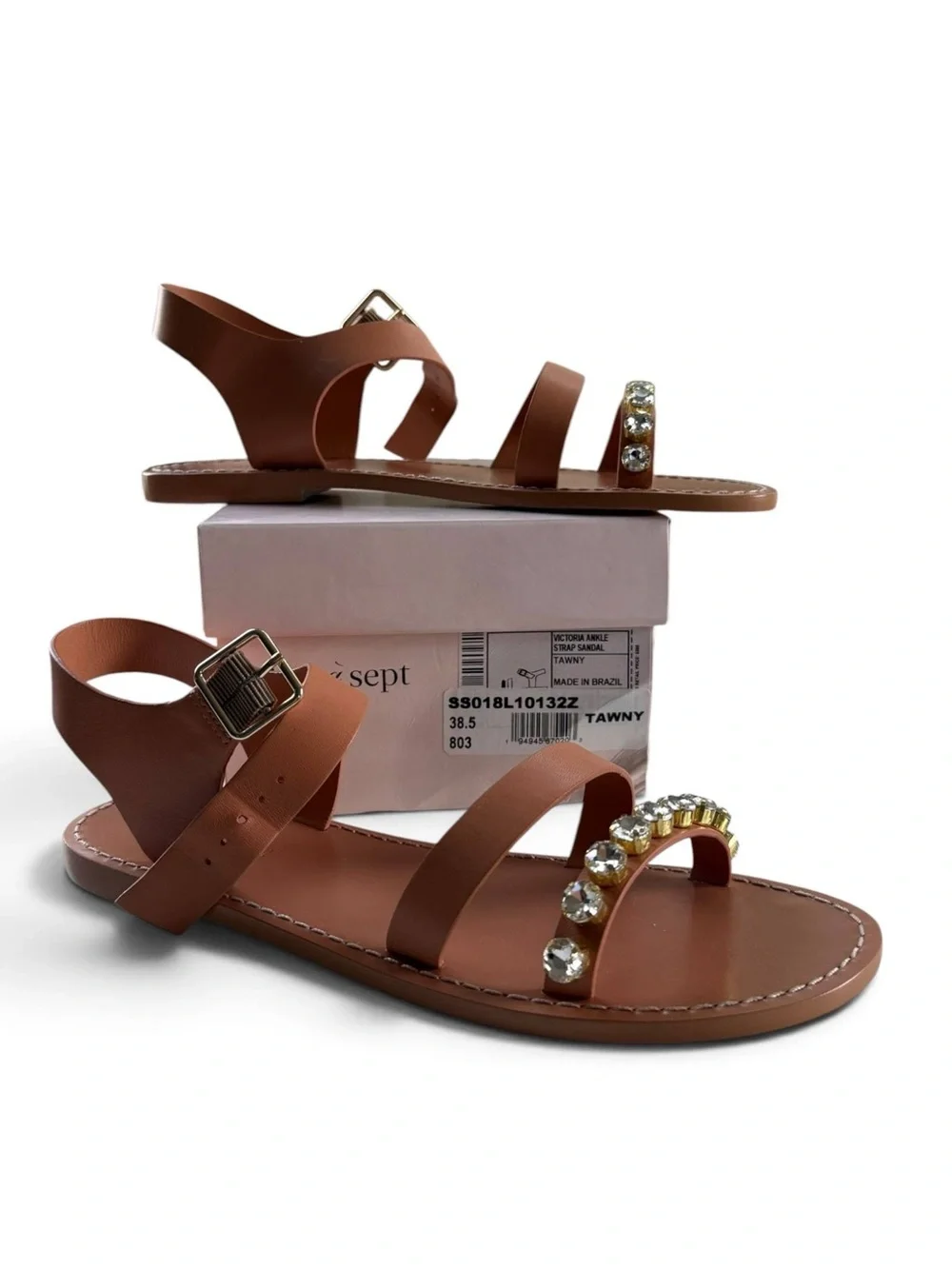 Cinq a Sept Women's Victoria Ankle Strap Sandals Tawny Crystal Size 38.5 NWT